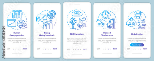 Overconsumption onboarding mobile app page screen with concepts. Globalization, overpopulation. Consumerism walkthrough 5 steps graphic instructions. UI vector template with RGB color illustrations