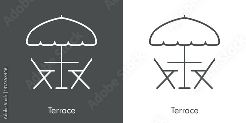 Terraza de café en la calle. Icono plano lineal sombrilla con mesa y sillas en fondo gris y fondo blanco