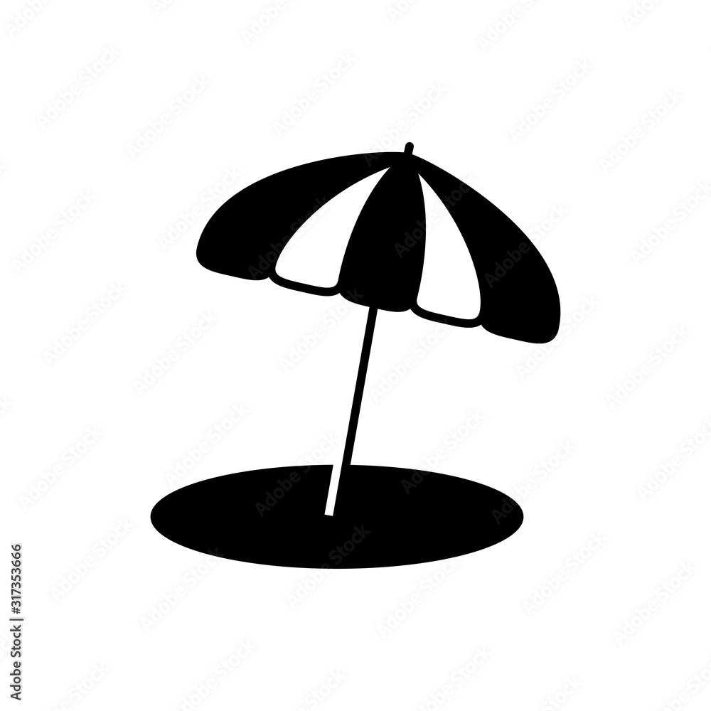 Concepto de vacaciones y viajes. Icono plano sombrilla proyectando sombra en color negro Concepto de vacaciones y viajes. Icono plano sombrilla proyectando sombra en color negro