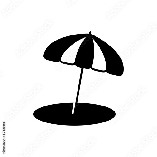 Concepto de vacaciones y viajes. Icono plano sombrilla proyectando sombra en color negro