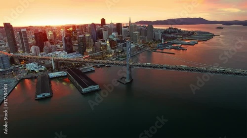 San Francisco skyline. Financial District at dusk. Aerial view. California, United States. Shot from helicopter.