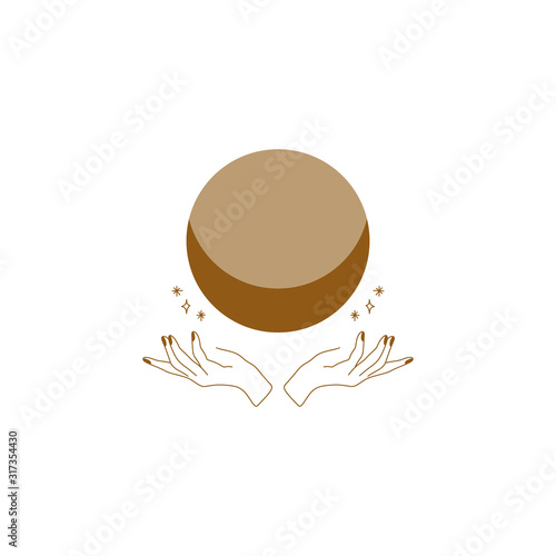 Tiny line art handdrawn style logo or icon symbol of magical hands holds the Moon. Good for fashion theme, nature care, beauty industry, wedding postcards. Vector illustration.