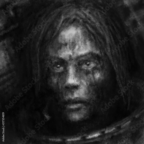 Sad face of an astronaut girl sci-fi illustration with coal and noise effect.