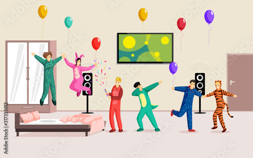 People at pajama party vector illustration. Joyful friends in funny animal costumes, happy teenagers cartoon characters. Teenage girls and boys having fun together, overnight stay, sleepover