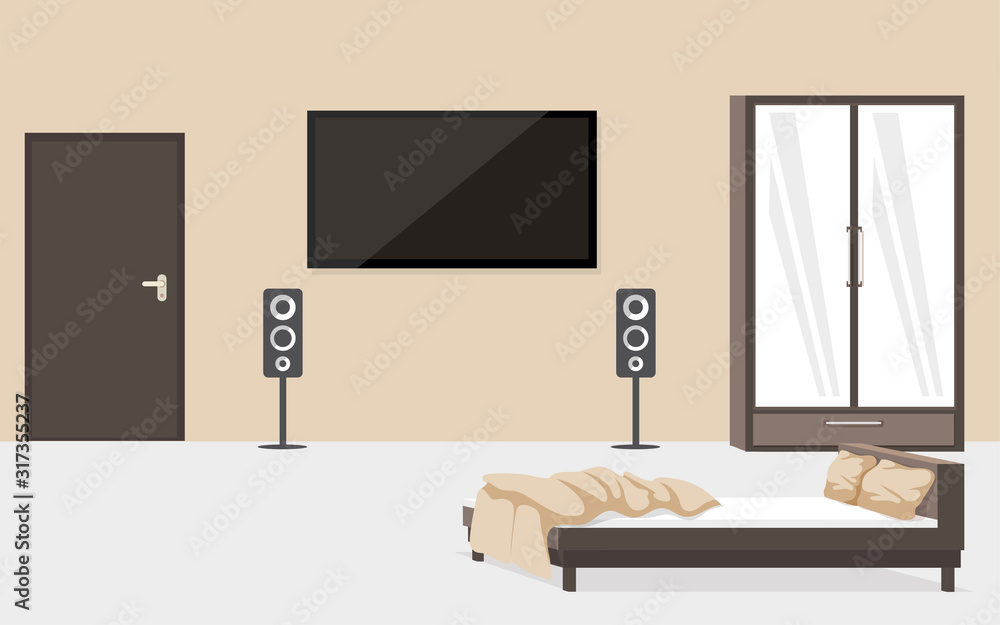 Fototapeta premium Contemporary bedroom furnishing flat vector illustration. Modern apartment room with no people, luxurious hotel number interior design. Unmade bed and big television set hanging on wall