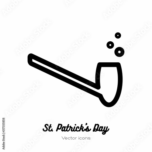 Saint Patricks day leprechaun smoke pipe, shamrock vector icon. Black white line art flat icon for logo, sign, button. Minimalist st Patricks day menu, flyer, poster. Isolated Patrick tobacco pipe.