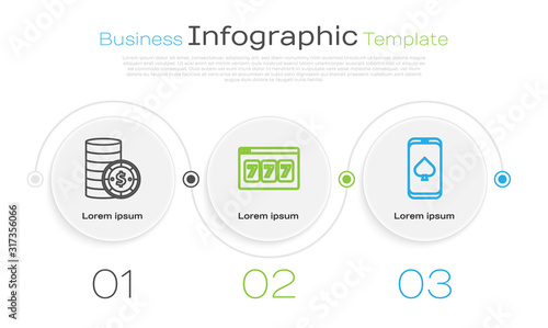 Set line Casino chip with dollar, Online slot machine with lucky sevens jackpot and Online poker table game. Business infographic template. Vector