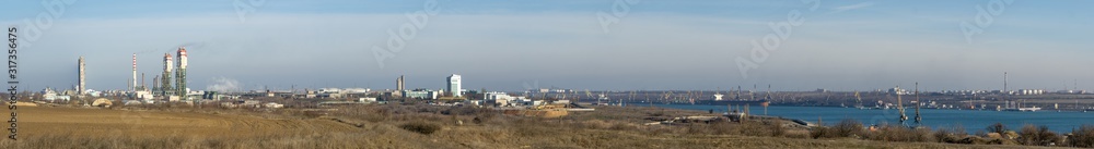 PJSC Odesa Portside Plant. Odessa Ukraine. 2020.22.01. Chemical production on the Black Sea. Factory and port Yuzhny. Panorama. PJSC Odesa Portside Plant. Odessa Ukraine. 2020.22.01. Chemical production on the Black Sea. Factory and port Yuzhny. Panorama.