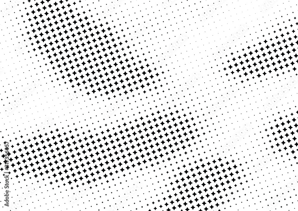 Abstract halftone dotted background. Monochrome futuristic grunge pattern, stars.  Vector modern optical pop art texture for posters, site, postcard, cover, labels, vintage sticker, mock-up layout.