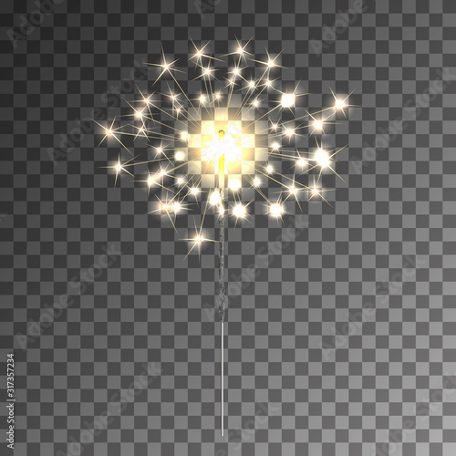 Festive sparkler, burning bengal fire on dark background.