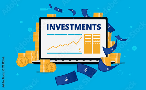 Investments growing - laptop with lots of money. Screen showing the growth of your investment with rising graph, money flying and coins stacked. Rich and passive income concept. Vector illustration.