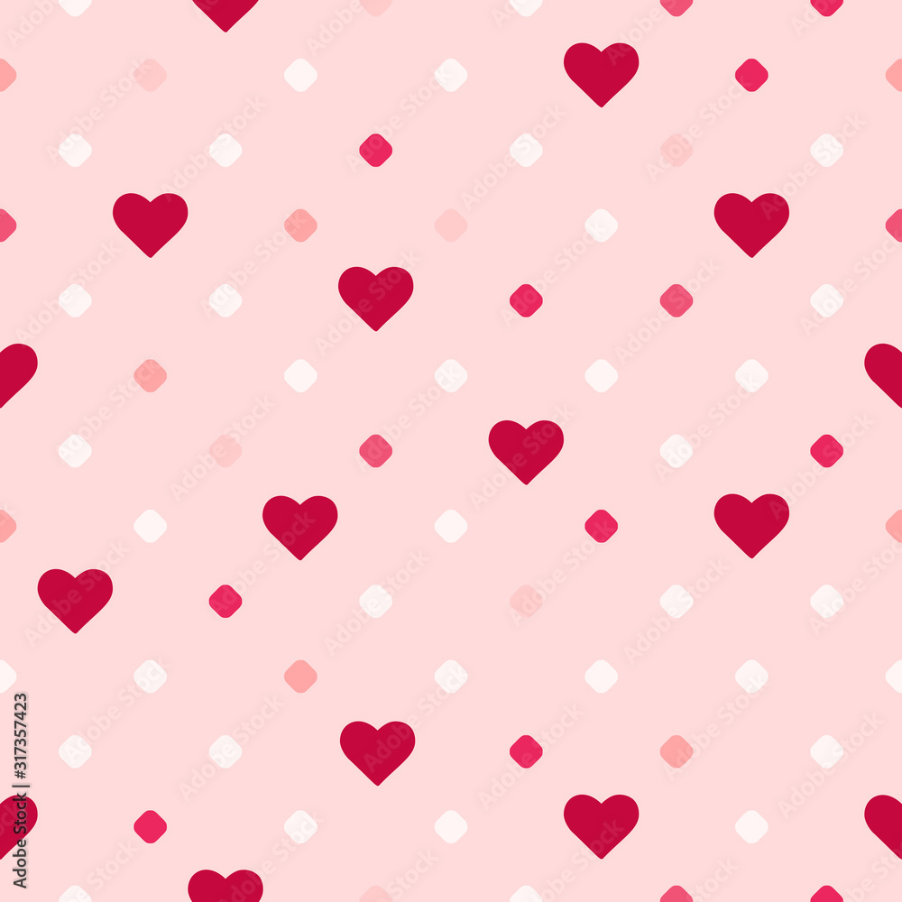 Valentine's day seamless pattern. Cute vector graphic texture with small hearts and small circles, polka dot. Pink and red color. Love romantic theme. Abstract geometric background. Simple design