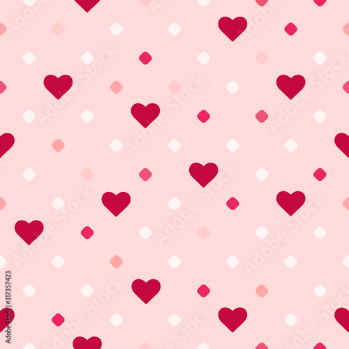 Valentine's day seamless pattern. Cute vector graphic texture with small hearts and small circles, polka dot. Pink and red color. Love romantic theme. Abstract geometric background. Simple design