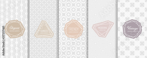 Subtle vector seamless pattern collection. Set of elegant geometric background swatches with classic minimal labels. Simple abstract vintage textures. Delicate pastel design for decor, print, textile