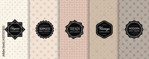 Vector minimalist geometric seamless patterns collection. Set of minimal abstract background swatches with elegant modern labels. Subtle design in pastel tones. Beige, caramel, sandy, brown colors