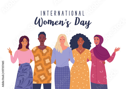 International Women's Day. Vector illustration of four happy smiling diverse women standing together. Isolated on white