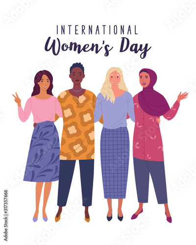 International Women's Day. Vector illustration of four happy smiling diverse women standing together. Isolated on white