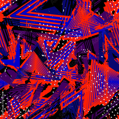 Abstract neon grunge seamless pattern. Urban street texture with vibrant lines, chaotic brush strokes, ink paint elements. Colorful graffiti style vector background. Pop art fashion. Trendy design