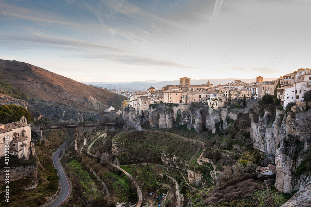 Panoramic view of Cuenca city and the cliffs of the Huecar river gorge. Europe Spain
