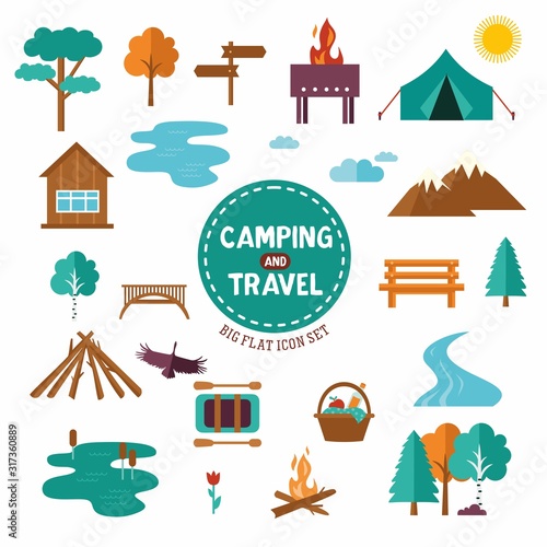 Big set of camp and travel symbols and icons. Collection with tent, trees, mountains sign.