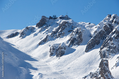 Pic de Saulire courchevel cabin station view grand couloir black slope sunset snowy mountain landscape France alpes 