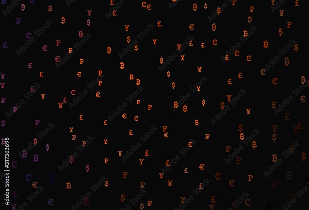 Dark Orange vector texture with colored currency signs.