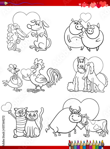 animal couple in love cartoons coloring book page