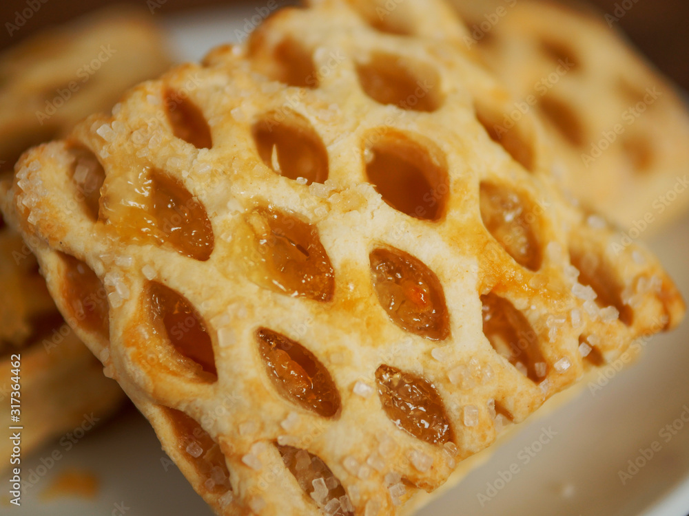 Apple lattice on a white plate, Selective focus, Pastry product., Close up. Apple lattice on a white plate, Selective focus, Pastry product., Close up.