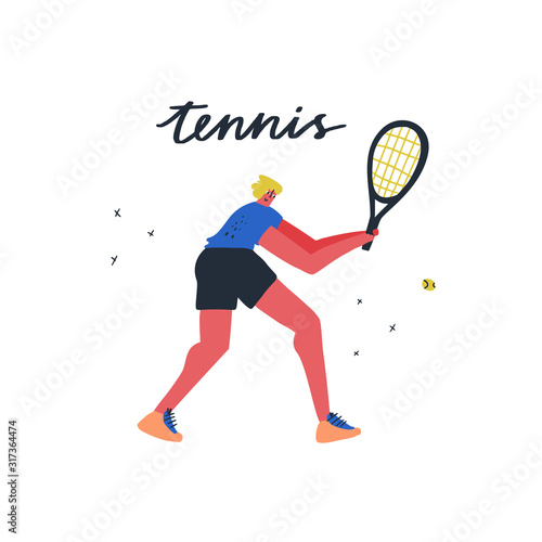 Tennis player hitting ball flat vector illustration. Sportsman with handwritten lettering. Male athlete holding racket cartoon character. Young hand drawn sportsman isolated on white