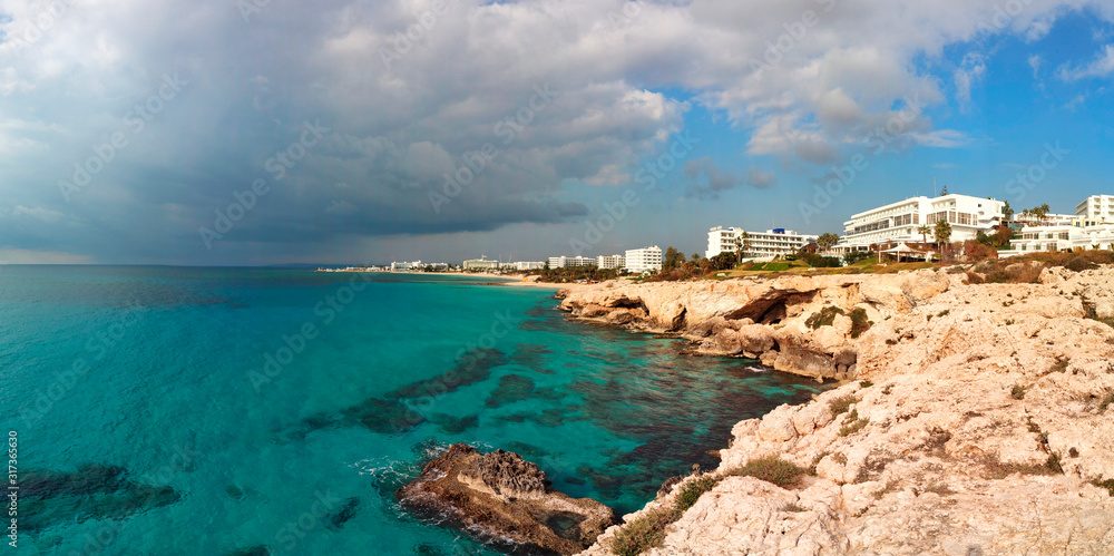 panorama with mountains on the seashore at cape cavo  greco on  Ayia Napa island cyprus