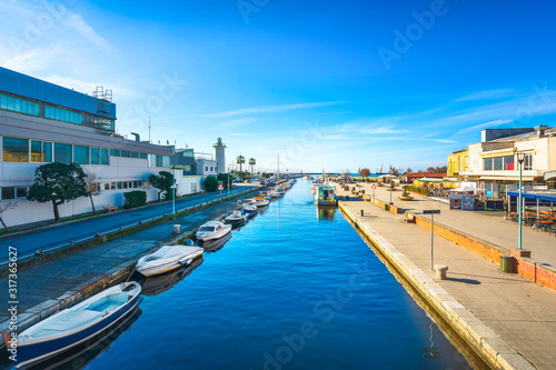 Burlamacca canal, port and lighthouse in Darsena Viareggio, Versilia, Tuscany, Italy