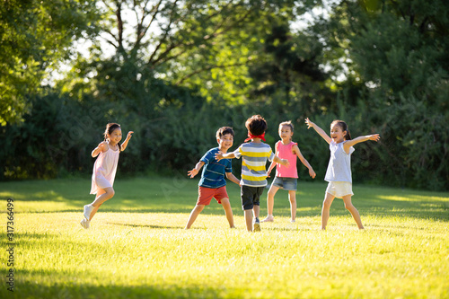 Happy children playing hide and seek on meadow