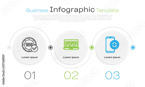 Set line Casino chips, Online slot machine with lucky sevens jackpot and Online poker table game. Business infographic template. Vector
