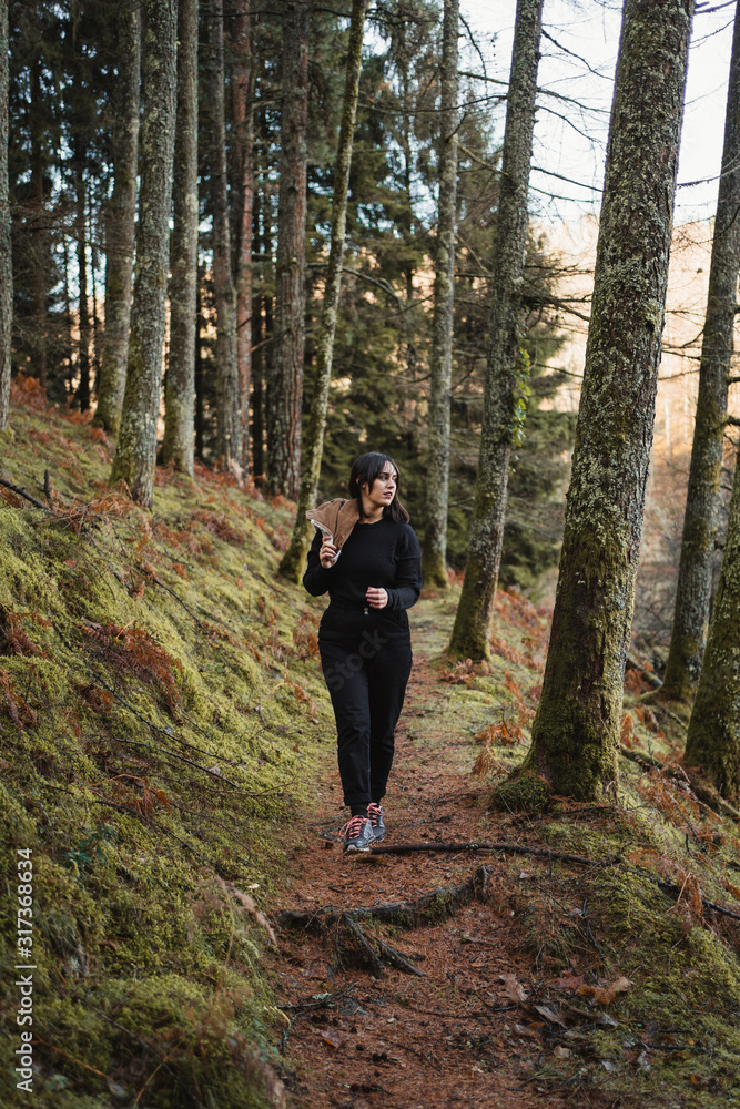 Young female traveler in black clothes walking on trail in calm autumn forest among pine trees with trunks covered with moss Young female traveler in black clothes walking on trail in calm autumn forest among pine trees with trunks covered with moss