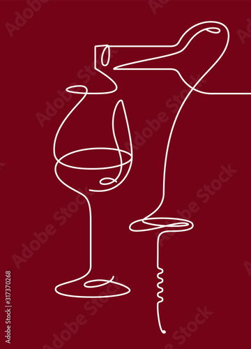 Single outline drawing with a bottle, wine glass, and a corkscrew. Continuous line on a dark background. Modern design element for wine tasting, menu, wine list, .restaurant, winery, shop.