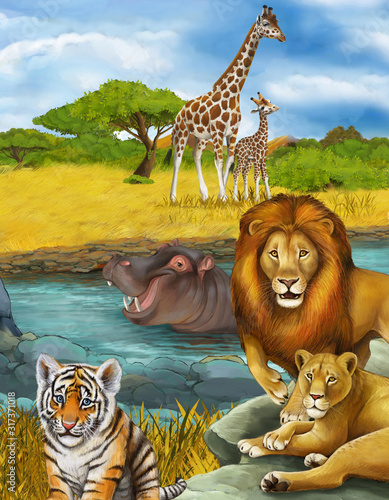cartoon scene with elephant and hippopotamus hippo near river an