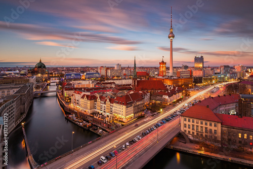 Aerial view of Berlin Alexanderplatz with the TV Tower at sunset