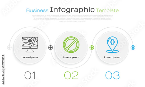 Set line Monitor and folded map with location, Stop sign and Medical map pointer with cross hospital. Business infographic template. Vector