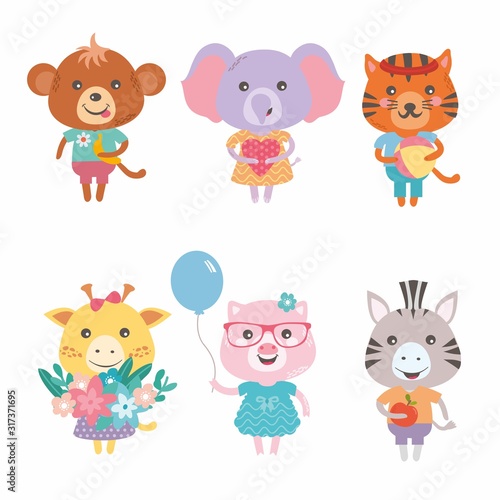 Vector set with beautiful animals. Funny character collections. Monkey, elephant, tiger, giraffe, pig, zebra in bright clothes. Simple and cute style for baby.