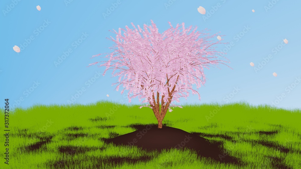 Fototapeta premium 野原に咲く一本桜