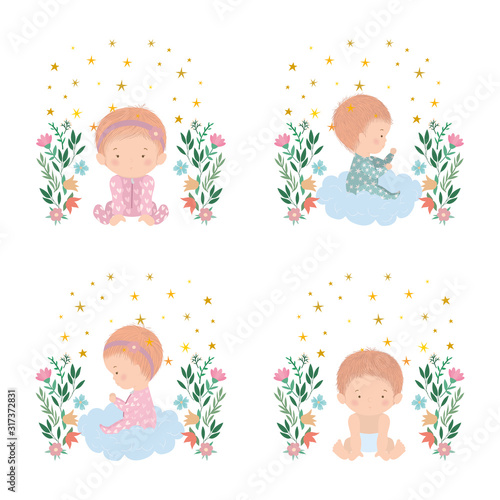 Set of cute babies with flowers and leaves vector design