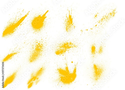 Yellow paint splashes set. Abstract yellow paint brushes 