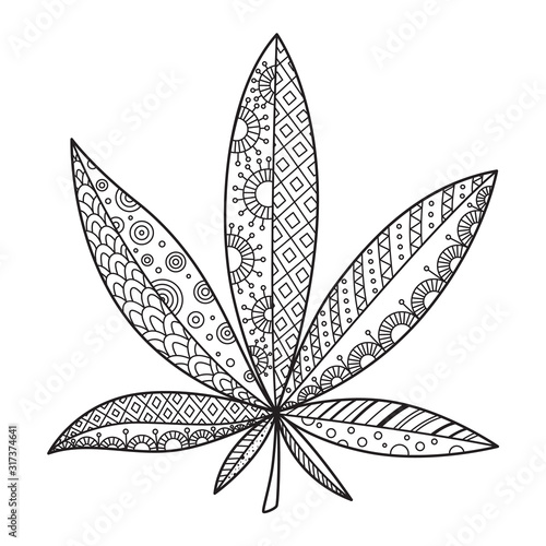 Cannabis doodle coloring book page. Antistress for adult. Black and white zentangle marijuana