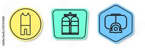 Set line Wetsuit for scuba diving, Aqualung and Diving mask. Colored shapes. Vector