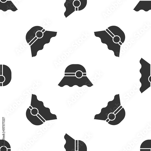 Grey Elegant women hat icon isolated seamless pattern on white background. Vector Illustration