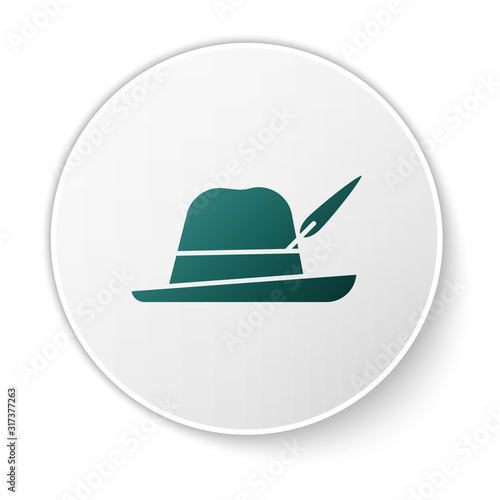 Green Oktoberfest hat icon isolated on white background. Hunter hat with feather. German hat. White circle button. Vector Illustration