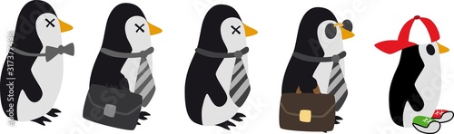 group of penguin employees with one runaway