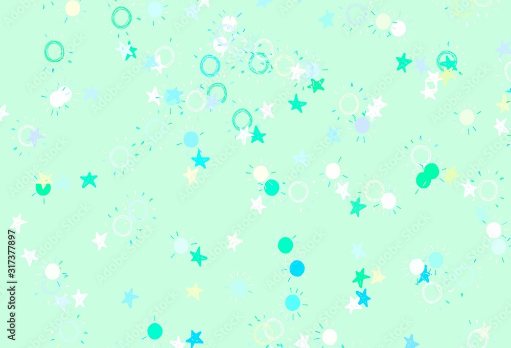 Light Blue, Green vector backdrop with bright stars, suns.
