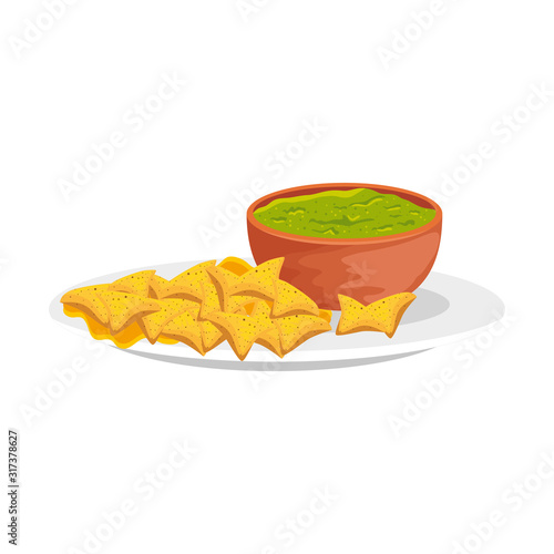 bowl with delicious guacamole with nachos