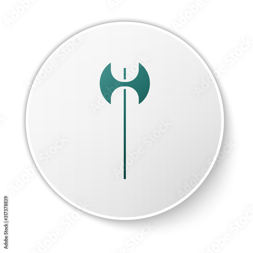 Green Medieval axe icon isolated on white background. Battle axe, executioner axe. Medieval weapon. White circle button. Vector Illustration